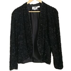 VINTAGE Black Festive Open Front Beaded Silk Indian Bohemian Blazer Size Small
